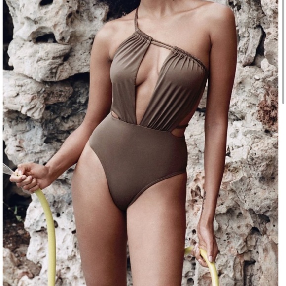 Zara Brown One-Shoulder Swim One Piece - Picture 1 of 4